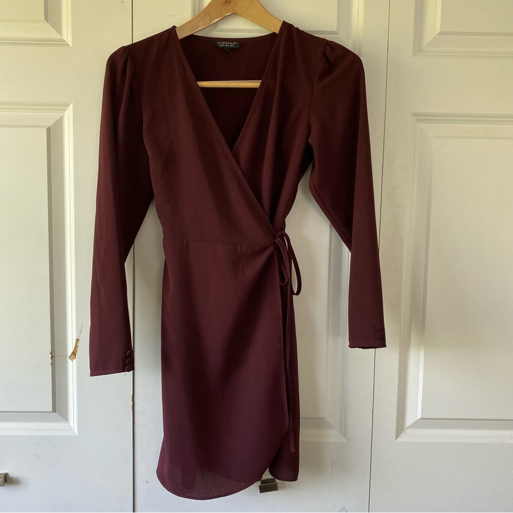 Maroon Long Sleeve Wrap Dress
